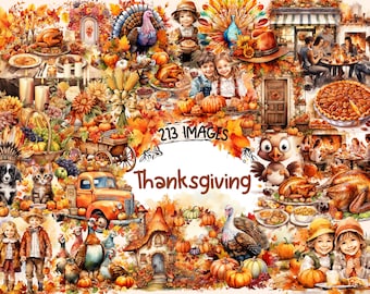 Thanksgiving Watercolor Clipart Bundle - 213 PNG Grateful Festive Images, Harvest Feast Graphics, Instant Digital Download, Commercial Use