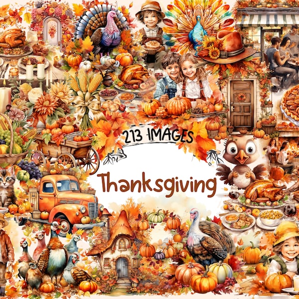 Thanksgiving Watercolor Clipart Bundle - 213 PNG Grateful Festive Images, Harvest Feast Graphics, Instant Digital Download, Commercial Use