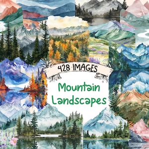 Mountain Landscapes Watercolor Clipart Bundle - 428 PNG Mountains Scenes, Scenic Alpine Graphics, Instant Digital Download, Commercial Use