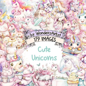 Cute Unicorns Watercolor Clipart - 179 PNG Whimsical Fantasy Graphics, Pastel Magical Illustrations, Instant Digital Download,Commercial Use