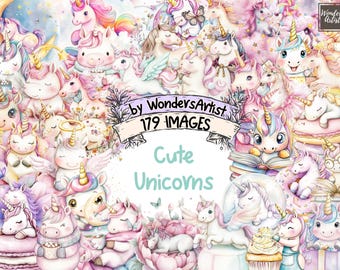 May include: A watercolour illustration collection of numerous cute unicorns in various poses. The unicorns have colourful manes and horns, surrounded by pastel colours and floral elements. Text reads "Cute Unicorns" and "179 Images".