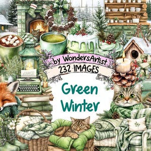 Green Winter Watercolor Clipart Bundle - 232 PNG Forest Images, Lush Illustrations, Elegant Winter Decor, Instant Download, Commercial Use