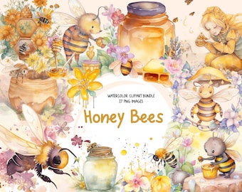 Watercolor Honey Bees Clipart – Fairytale PNG Stickers (Digital Download)
