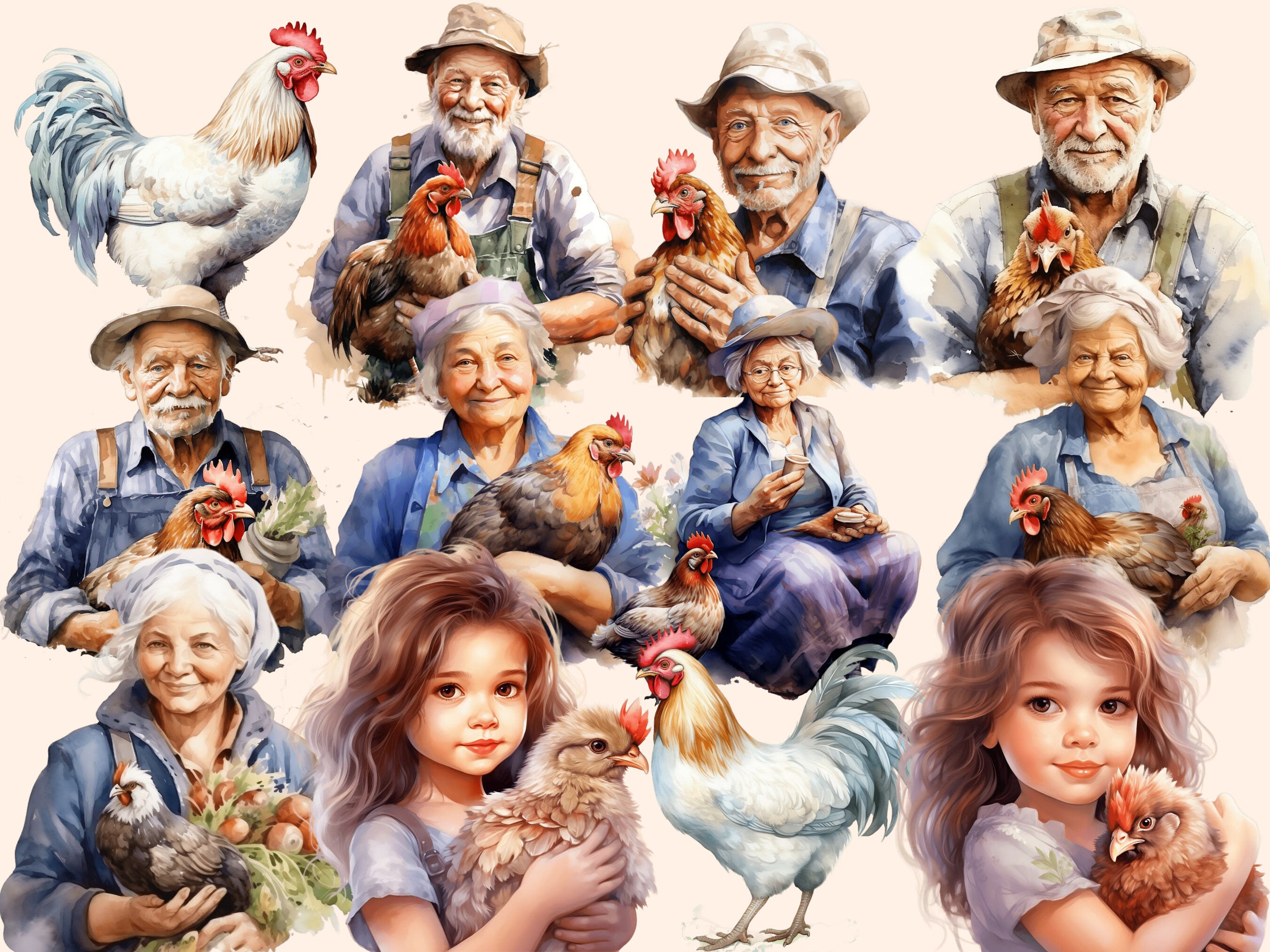 Watercolor Chicken Clipart Bundle: Farm Animal PNG Graphics (digital ...