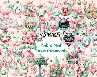 Pink & Mint Green Christmas Ornaments Watercolor Clipart Bundle - 310 PNG Festive Tree Toy Images, Instant Digital Download, Commercial Use