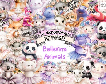 May include: A whimsical digital art piece featuring a collection of adorable ballerina animals, including pandas, koalas, and bunnies, all wearing tutus and flower crowns. The image includes the text "Ballerina Animals" and "137 IMAGES".