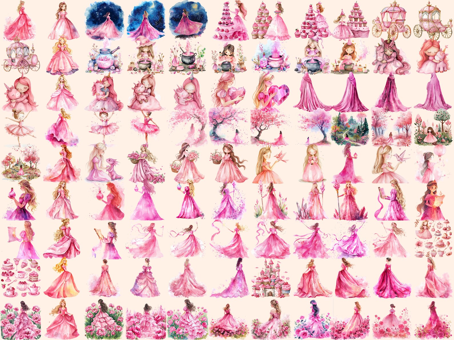 Pink Princess Watercolor Clipart Bundle: 503 PNG Images (digital ...