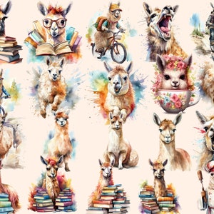 K&ouml;nnte beinhalten: Eine Aquarell-Illustration mit verschiedenen Lamas in verschiedenen Posen und Umgebungen. Einige Lamas tragen Brillen, fahren Fahrrad, lesen B&uuml;cher und sitzen sogar in einer Teetasse. Die Illustrationen sind farbenfroh und fantasievoll, mit Wasserfarbenspritzern &uuml;berall.
