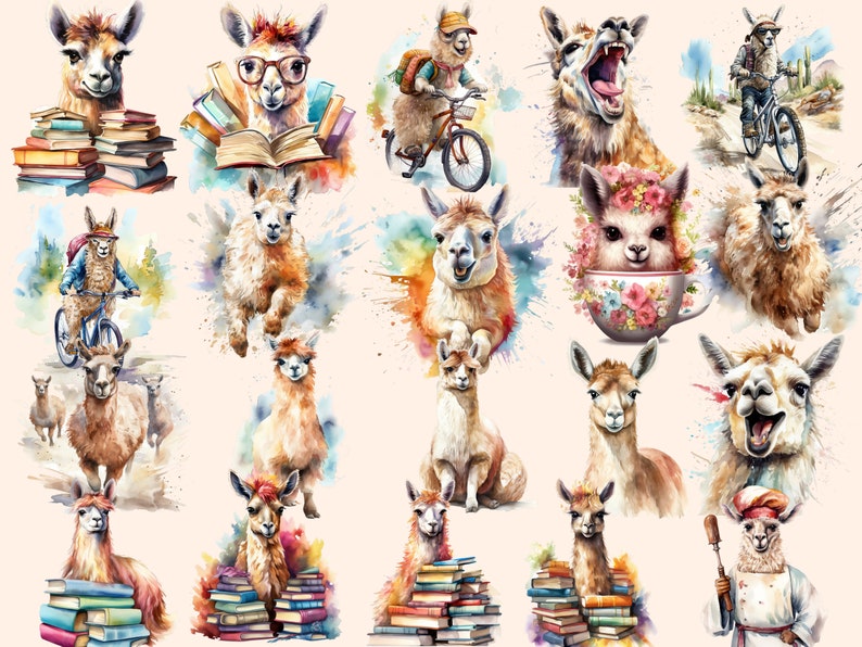 K&ouml;nnte beinhalten: Eine Aquarell-Illustration mit verschiedenen Lamas in verschiedenen Posen und Umgebungen. Einige Lamas tragen Brillen, fahren Fahrrad, lesen B&uuml;cher und sitzen sogar in einer Teetasse. Die Illustrationen sind farbenfroh und fantasievoll, mit Wasserfarbenspritzern &uuml;berall.