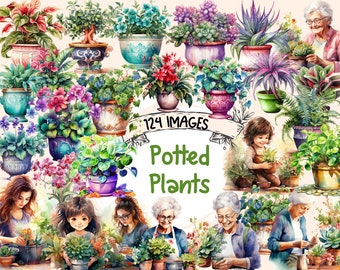 Watercolor Potted Plants Clipart Bundle: 124 PNG Graphics (Digital Download)
