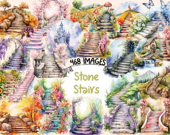 Watercolor Stone Stairs Clipart Bundle: 468 PNG Images (Digital Download)