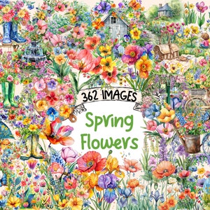 Spring Flowers Clipart Bundle - 362 PNG Beautiful Floral Graphics, Springtime Flower Illustrations, Instant Digital Download, Commercial Use