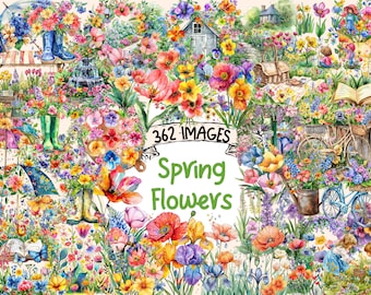 Spring Flowers Clipart Bundle - 362 PNG Beautiful Floral Graphics, Springtime Flower Illustrations, Instant Digital Download, Commercial Use