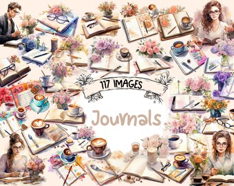 Journals Watercolor Clipart Bundle - 117 PNG Planner Images, Artistic Creative Organizing Graphics, Instant Digital Download, Commercial Use