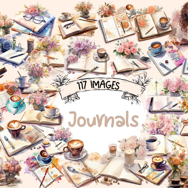 Journals Watercolor Clipart Bundle - 117 PNG Planner Images, Artistic Creative Organizing Graphics, Instant Digital Download, Commercial Use