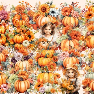 K&ouml;nnte beinhalten: Ein Aquarellbild mit einer Vielzahl von K&uuml;rbissen in verschiedenen Gr&ouml;&szlig;en und Farben, umgeben von Herbstlaub und Blumen. Die K&uuml;rbisse sind kreisf&ouml;rmig angeordnet, mit einigen K&uuml;rbissen in der Mitte und anderen an den R&auml;ndern. Das Bild ist vor einem hellbeigen Hintergrund gemalt.