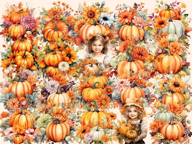 K&ouml;nnte beinhalten: Ein Aquarellbild mit einer Vielzahl von K&uuml;rbissen in verschiedenen Gr&ouml;&szlig;en und Farben, umgeben von Herbstlaub und Blumen. Die K&uuml;rbisse sind kreisf&ouml;rmig angeordnet, mit einigen K&uuml;rbissen in der Mitte und anderen an den R&auml;ndern. Das Bild ist vor einem hellbeigen Hintergrund gemalt.