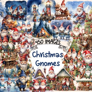Christmas Gnomes Watercolor Clipart Bundle - 450 PNG Festive Gnome Images, Holiday Magic Graphics, Instant Digital Download, Commercial Use