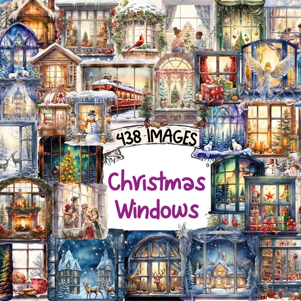 Christmas Windows Watercolor Clipart Bundle - 438 PNG Festive Window Images, Holiday Cozy Graphics, Instant Digital Download, Commercial Use