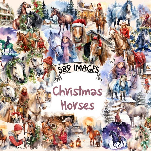 Christmas Horses Aquarelle Clipart Bundle - 589 PNG Images d’équitation festives, Graphiques de vacances, Téléchargement numérique instantané, Utilisation commerciale