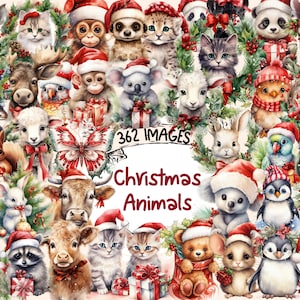 Christmas Animals Watercolor Clipart Bundle - 362 PNG Festive Animal Holiday Images with Santa Hats, Instant Digital Download,Commercial Use