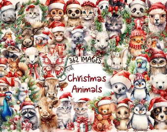 Christmas Animals Watercolor Clipart Bundle: 362 Festive PNG Images (Digital Download)