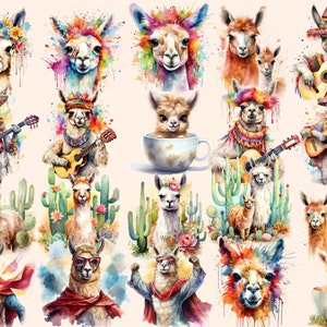K&ouml;nnte beinhalten: Eine Sammlung von Aquarell-Illustrationen mit Lamas in verschiedenen Posen und Outfits. Einige Lamas tragen H&uuml;te, spielen Musikinstrumente oder halten Blumen. Die Illustrationen sind vor einem hellrosa Hintergrund mit Farbspritzern angeordnet.