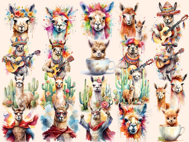K&ouml;nnte beinhalten: Eine Sammlung von Aquarell-Illustrationen mit Lamas in verschiedenen Posen und Outfits. Einige Lamas tragen H&uuml;te, spielen Musikinstrumente oder halten Blumen. Die Illustrationen sind vor einem hellrosa Hintergrund mit Farbspritzern angeordnet.