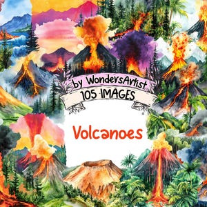 Volcanoes Watercolor Clipart Bundle - 105 PNG Eruption Images, Jungle Landscape Illustrations, Fiery Decor, Instant Download, Commercial Use