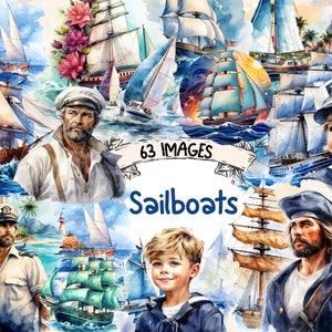 Sailboats Watercolor Clipart Bundle - 63 PNG Boat Images, Nautical Graphics, Coastal Illustrations, Instant Digital Download, Commercial Use