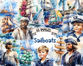 Sailboats Watercolor Clipart: 63 PNG Nautical Illustrations (Digital Download)