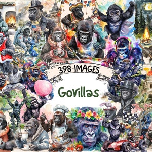Watercolor Gorilla Clipart Bundle: 398 PNG Jungle Primate Graphics (Digital Download)