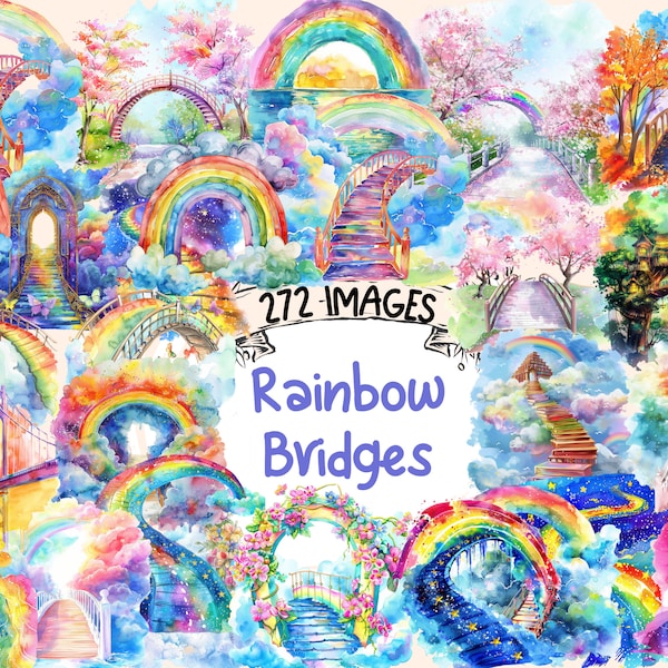 Rainbow Bridges Watercolor Clipart Bundle - 272 PNG Colorful Bridge Images, Vibrant Archway Graphics,Instant Digital Download,Commercial Use