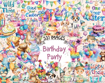 Birthday Party Watercolor Clipart Bundle - 531 PNG Sweet Images for Celebrations, Festive Graphics, Instant Digital Download, Commercial Use