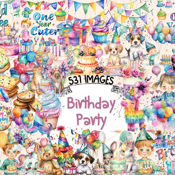 Birthday Party Watercolor Clipart Bundle - 531 PNG Sweet Images for Celebrations, Festive Graphics, Instant Digital Download, Commercial Use