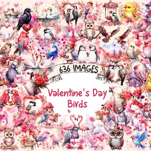 St. Valentine's Day Birds Watercolor Clipart Bundle - 636 PNG Romantic Bird Images, Love Graphics, Instant Digital Download, Commercial Use