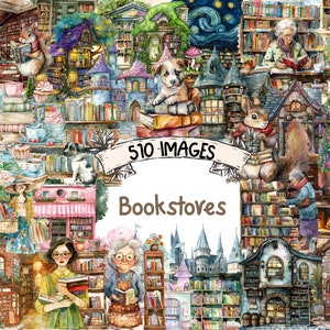 Bookstores Watercolor Clipart Bundle - 510 PNG Bookshop Images, Literary Storefront Graphics, Instant Digital Download, Commercial Use