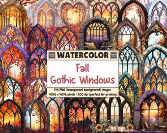Fall Gothic Windows Watercolor Clipart: Spooky Autumn PNG Graphics (Digital Download, Commercial Use)