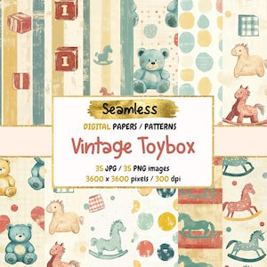 Vintage Toybox Seamless Digital Paper - Nostalgic Childhood Textures, Retro Playful Printable Backgrounds, Instant Download, Commercial Use