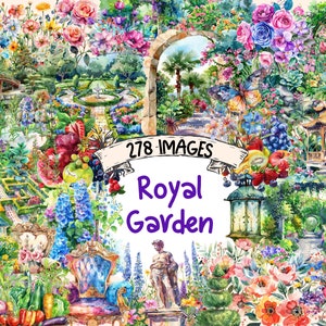 Royal Garden Watercolor Clipart Bundle - 278 PNG Majestic Garden Scenes, Regal Botanical Graphics, Instant Digital Download, Commercial Use