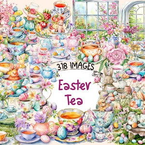 Easter Tea Watercolor Clipart Bundle - 378 PNG Festive Teacup Images, Spring Tea Party Graphics, Instant Digital Download, Commercial Use