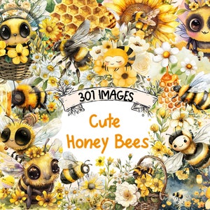 Cute Honey Bees Watercolor Clipart Bundle - 301 Adorable Bee Images, Sweet Nectar Insect Graphics, Instant Digital Download, Commercial Use