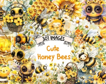 May include: A digital illustration of 301 cute honey bees in various poses, surrounded by yellow and white flowers, honeycombs, and jars of honey. The text "301 IMAGES Cute Honey Bees" is displayed in a banner.