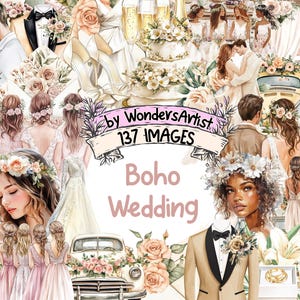 Boho Wedding Watercolor Clipart Bundle - 137 PNG Romantic Images, Bohemian Illustrations, Bridal Art, Instant Download, Commercial Use