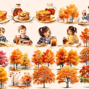 May include: A watercolour illustration of children enjoying maple syrup and French toast. The image features a variety of autumn foliage, including red, orange, and yellow leaves. There are also jars of maple syrup and plates of French toast with maple syrup.
