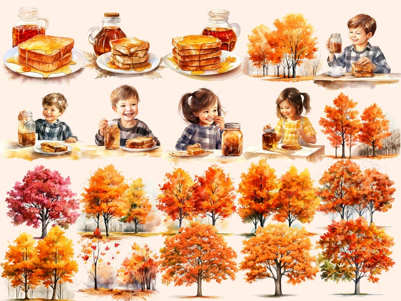 May include: A watercolour illustration of children enjoying maple syrup and French toast. The image features a variety of autumn foliage, including red, orange, and yellow leaves. There are also jars of maple syrup and plates of French toast with maple syrup.