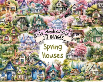 Spring Houses Watercolor Clipart: Cottage Graphics (Digital Download)