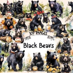 Black Bears Watercolor Clipart Bundle - 109 PNG Forest Animal Images, Dark Bear Wildlife Graphics, Instant Digital Download, Commercial Use