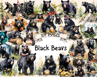 Black Bears Watercolor Clipart Bundle - 109 PNG Forest Animal Images, Dark Bear Wildlife Graphics, Instant Digital Download, Commercial Use