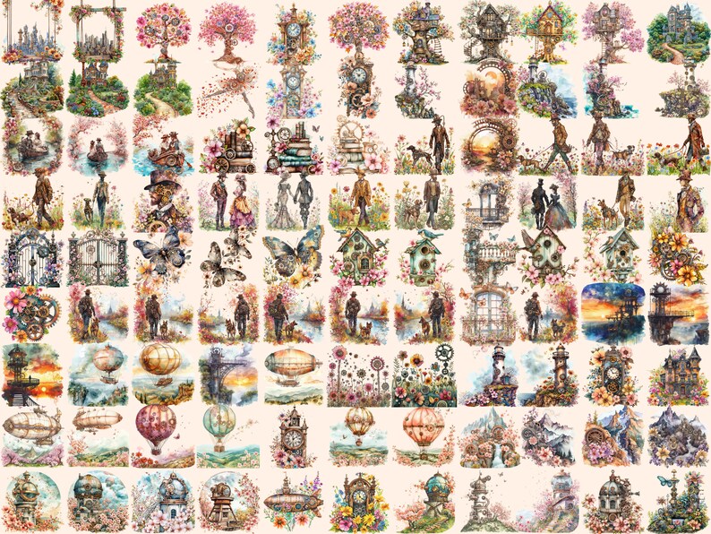 Steampunk Spring Watercolor Clipart Bundle: 469 PNG Images (digital ...